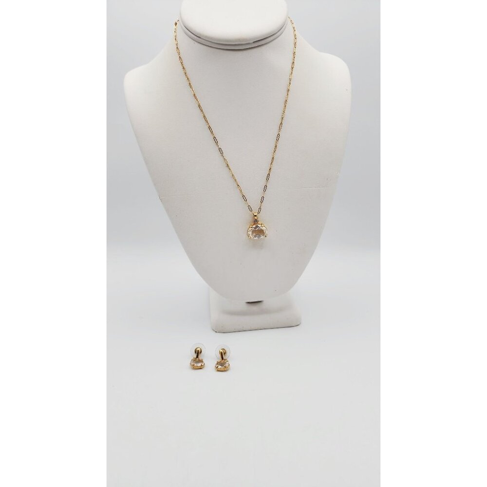 Swarovski Gold tone chain crystal necklace pendant dangle earrings set 17"
